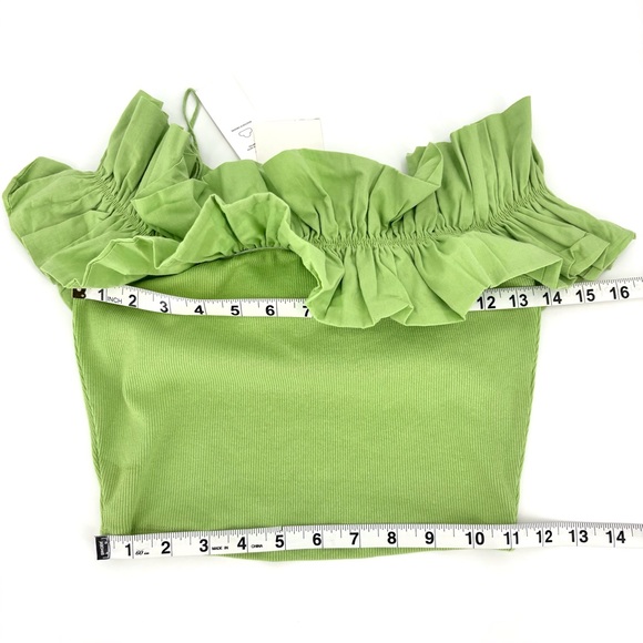 Zara NWT Pear Green Ruffled Off-the-Shoulder Ribbed Crop Top, Medium - Picture 13 of 15